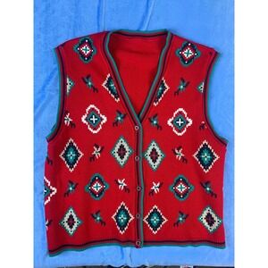 Womens Red Geometric Pattern V Neck Button Front Sleeveless Knit Vest Sweater M
